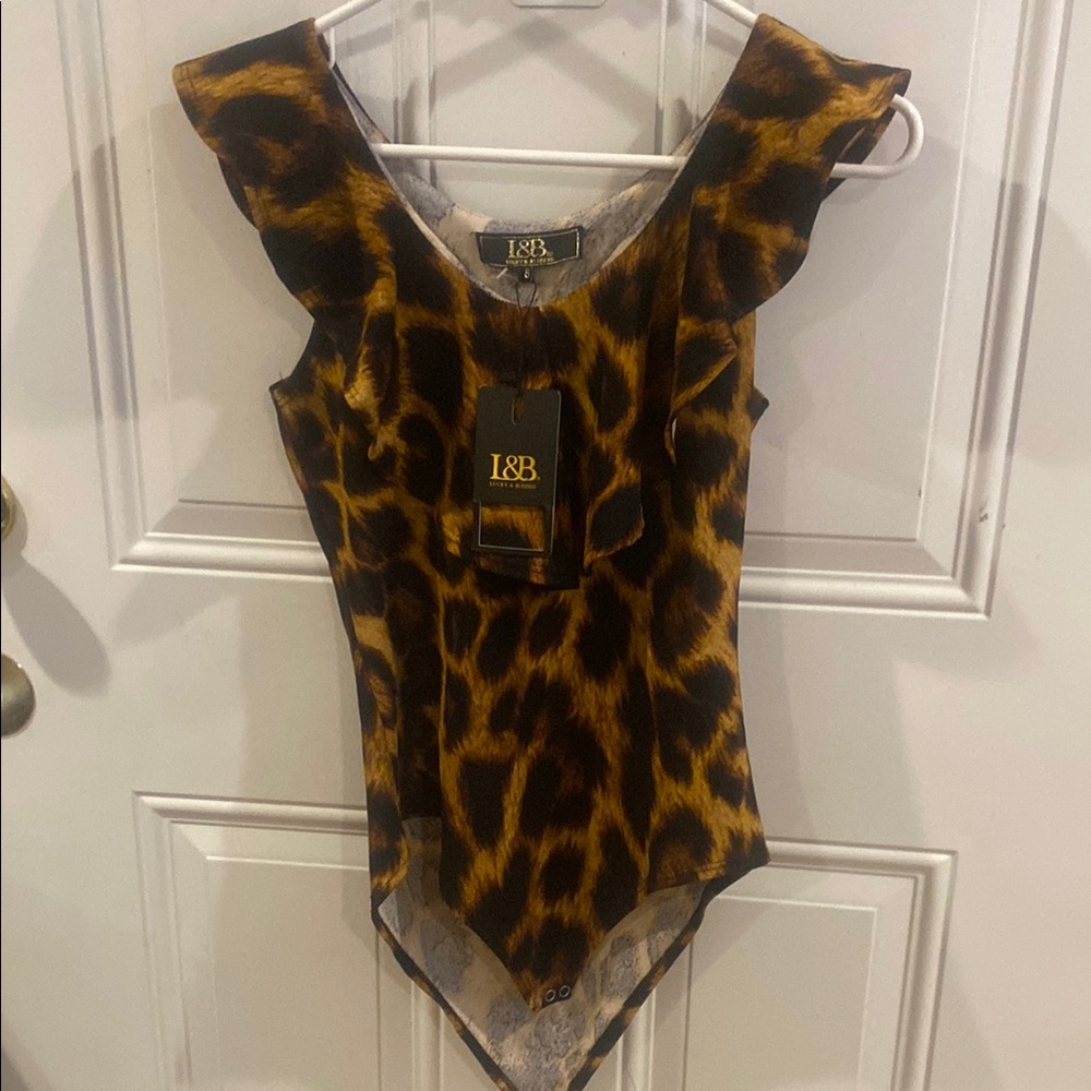 Lucky & Blessed Womans Leopard-Print Ruffle Shoulder One-Piece in Brown & Black